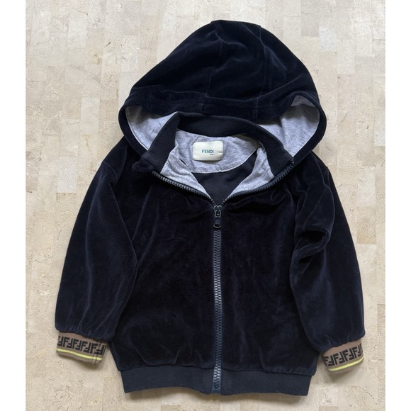 Fendi Other - FENDI Kids Italy designer Navy Full Zip Velour Logo Hoodie Luxury Sz 24 Months